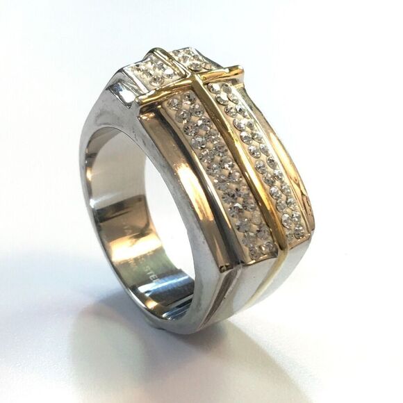 Cross Ring Size 10.5 Silver & Gold Tone Stainless Steel Cubic Zirconias Signed - Picture 1 of 14